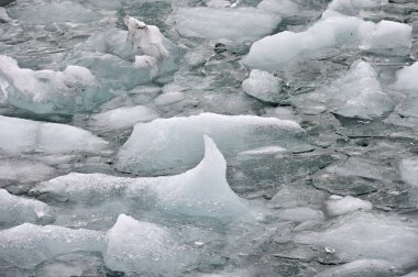 İzlanda buzulu ve buzul gölü soğuk mavi tonlarda su ve buzla, İzlanda, Buzul Körfezi