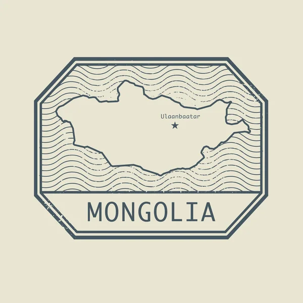 Timbre avec le nom et la carte de Mongolie — Image vectorielle