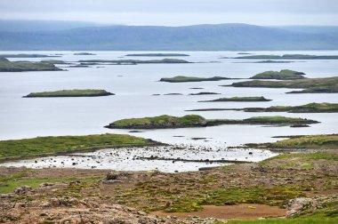 Fiyort, deniz ve bulutlu gökyüzü arka planındaki güzel uçurumların manzarası, İzlanda