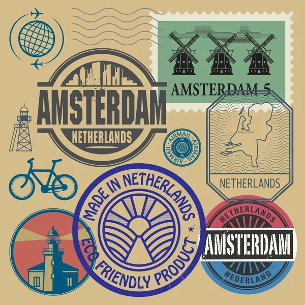 Frimärken med ord Nederländerna, Amsterdam inuti — Stock vektor