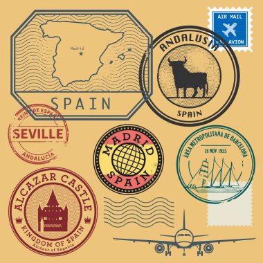 Grunge damga İspanya Haritası ve adını ayarla