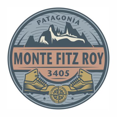 Damga veya amblemi ile metin Monte Fitz Roy, Patagonya