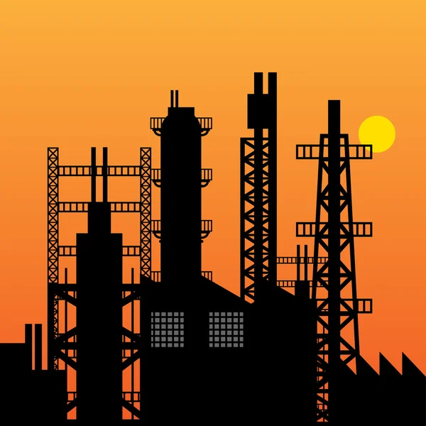 Kőolaj-finomító sziluett naplementekor — Stock Vector