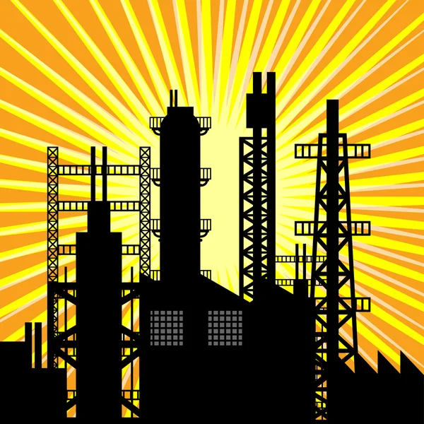 Olie raffinaderij silhouet bij zonsondergang — Stockvector