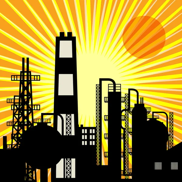 Oil refinery silhuett i solnedgången — Stock vektor