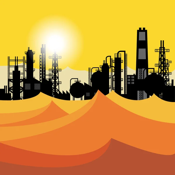 Raffineria di petrolio o impianto chimico nel deserto al tramonto — Vettoriale Stock