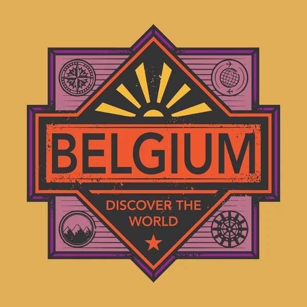 Selo ou emblema vintage com texto Bélgica, Descubra o mundo —  Vetores de Stock