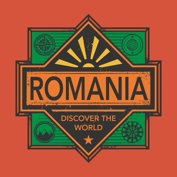 Sello o emblema vintage con texto Rumania, Descubrir el mundo — Vector de stock