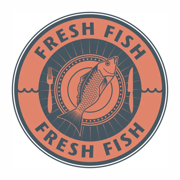 Timbro a forma di pesce e la parola Pesce fresco — Vettoriale Stock
