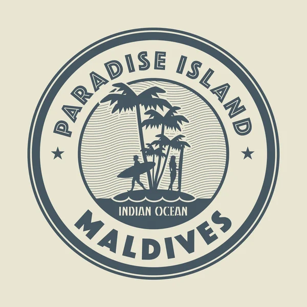 Timbre avec la paume, île et mots Paradise Island, Maldives — Image vectorielle