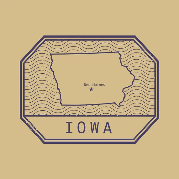 Timbro con il nome e la mappa di Iowa, Stati Uniti — Vettoriale Stock