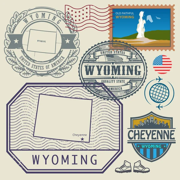 Stamp set with the name and map of Wyoming, United States — Stock Vector