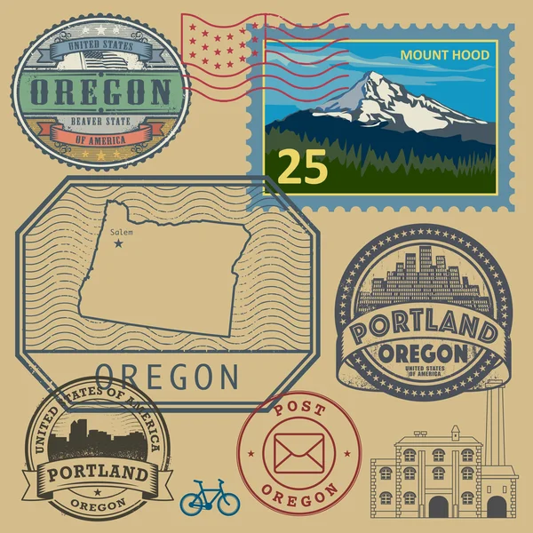 Stamp set with the name and map of Oregon, United States — Stock Vector