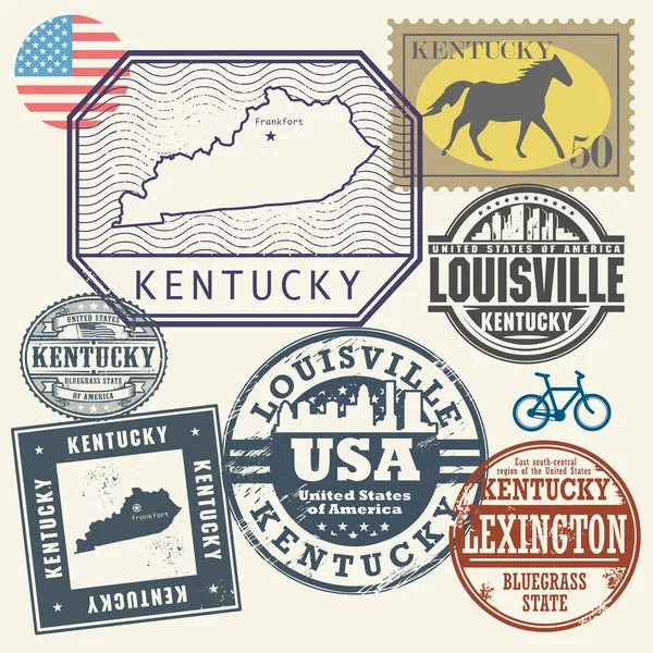 Set de sellos con el nombre y el mapa de Kentucky, Estados Unidos — Archivo Imágenes Vectoriales