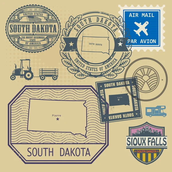 แสตมป์ด้วยชื่อและแผนที่ของ South Dakota, สหรัฐอเมริกา — ภาพเวกเตอร์สต็อก