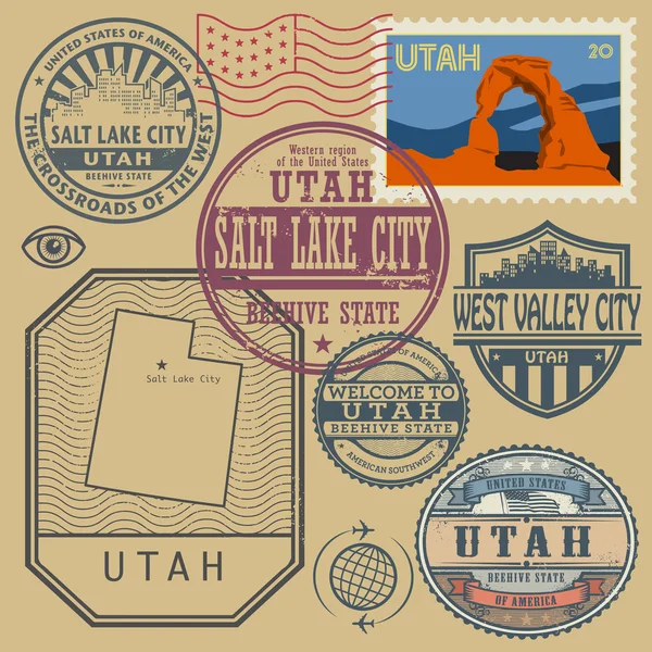 Stamp set with the name and map of Utah, United States — Stock Vector