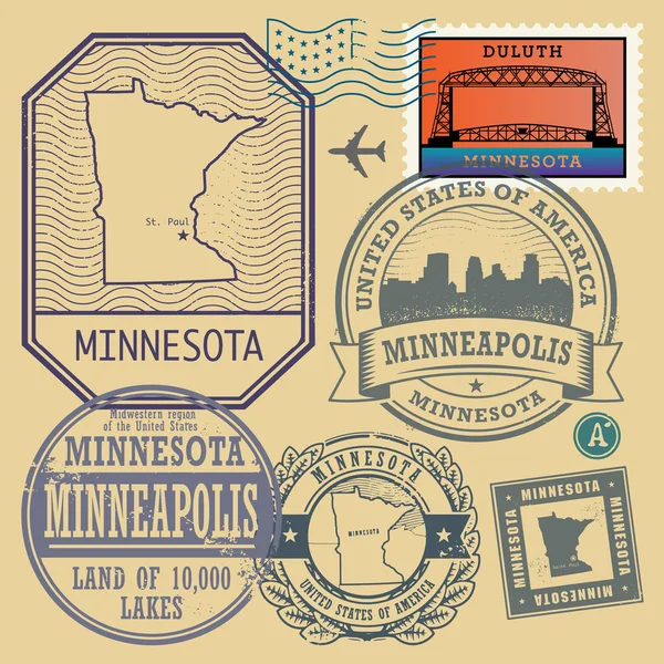 Timbre avec le nom et la carte de Minnesota, États-Unis — Image vectorielle