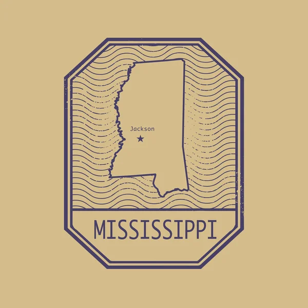 Timbre avec le nom et la carte de Mississippi, États-Unis — Image vectorielle