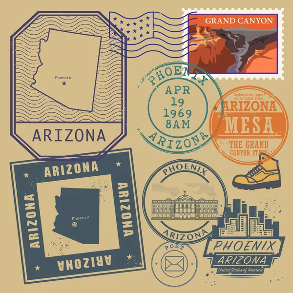 Timbre avec le nom et la carte de Arizona, États-Unis — Image vectorielle