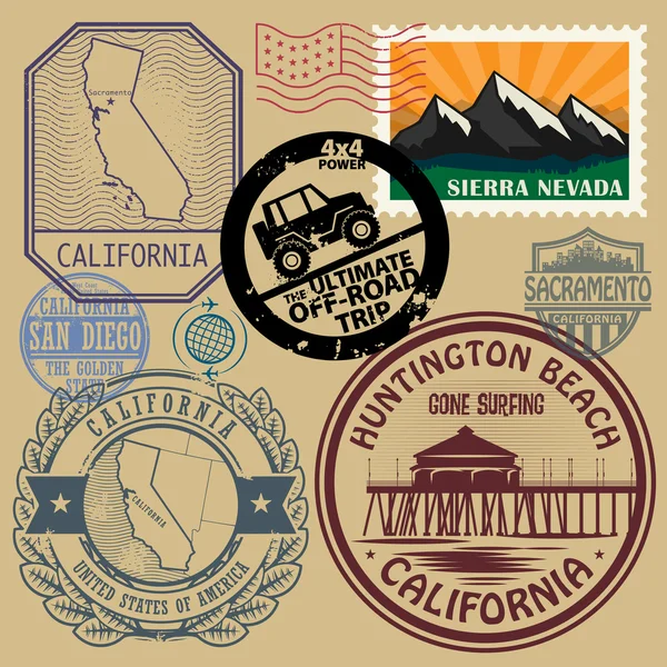 Stempel set met de naam en de kaart van Californië, Verenigde Staten — Stockvector