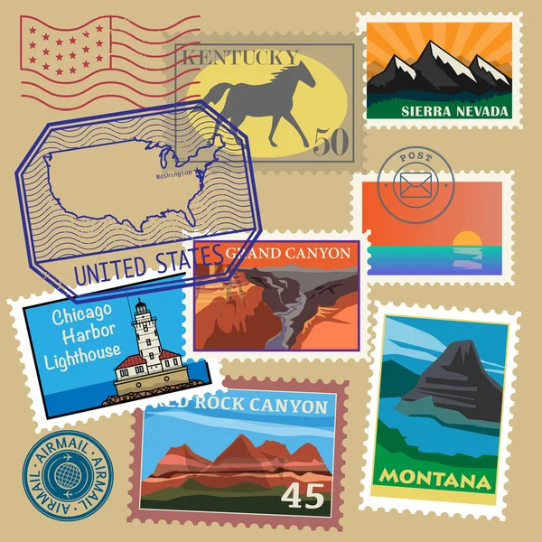 Etats-Unis timbres poste vintage ensemble — Image vectorielle