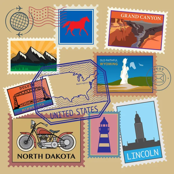 Estados Unidos vintage post selos conjunto —  Vetores de Stock