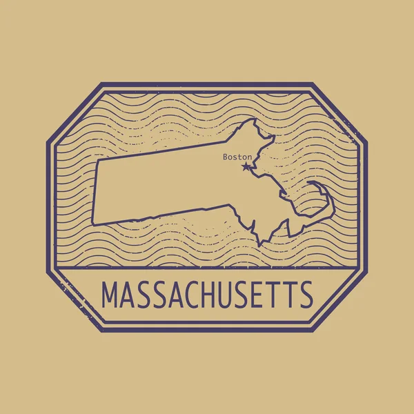 Печать с названием и картой штата Массачусетс, США — стоковый вектор
