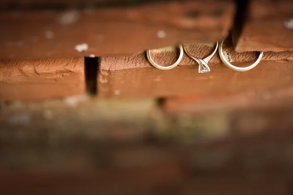 Anillos y novios anillo de compromiso colocado entre las juntas de ladrillos —  Fotos de Stock