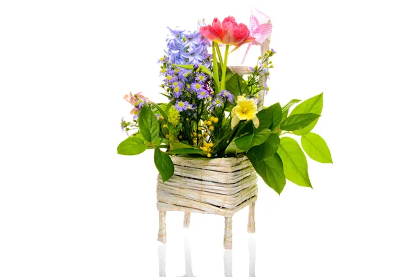 Different type of wild flowers on white basket white background — Stock Photo, Image