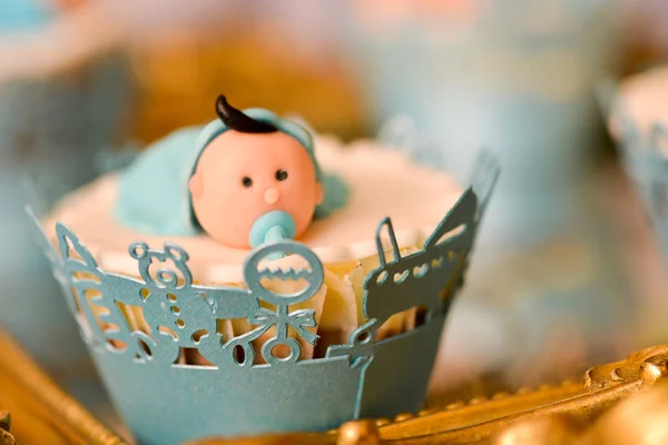 Christening blue decoration with baby boy — Stock Photo, Image