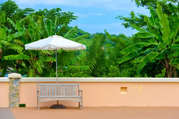 Holzbank mit Sonnenschirm und Palmen — Stockfoto