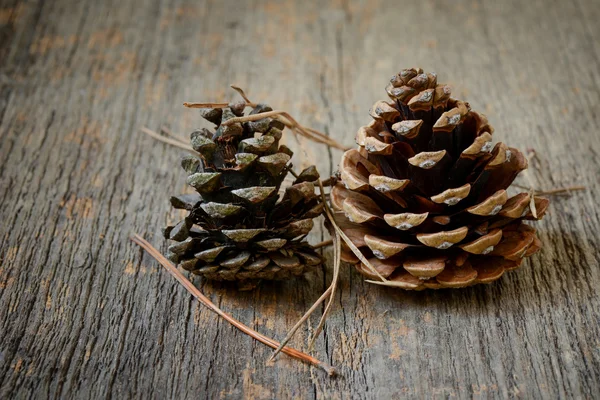 Due coni di abete con sfondo in legno — Foto Stock