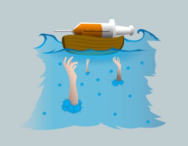 Illustration of Noah's Ark Vaccine in the Middle of a Flood. Illustration of Imbalance of Vaccines with Humans in Several Countries. clipart