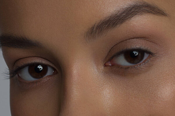 Крупный план женских глаз с вечерним макияжем. Модные оттенки тени для глаз, чрезвычайно длинные ресницы и густые гладкие брови. Открыть красивый вид. Чистая кожа