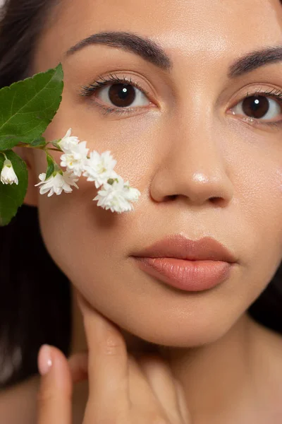 Elegance close-up female eye with dark brown eyeshadow with flowers. Macro shot of part of the face of a beautiful woman. Wellness, cosmetics and makeup. smooth beautiful eyebrows and eyelashes