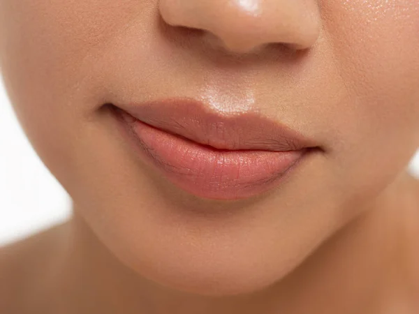 Parfait Maquillage Naturel Des Lèvres Fermer Macro Photo Avec Belle — Photo
