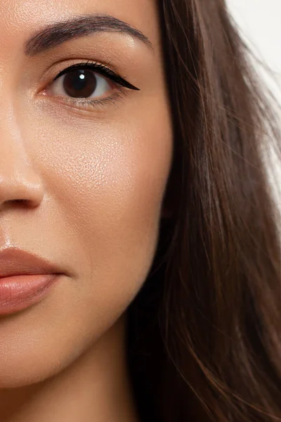 Closeup Half Beauty Woman Clean Skin Natural Cosmetics Beautiful Extrem — Stock Photo, Image