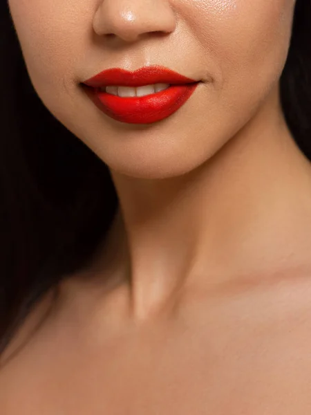 Closeup Plump Lips Lip Care Fillers Macro Photo Face Detail — Stock Photo, Image