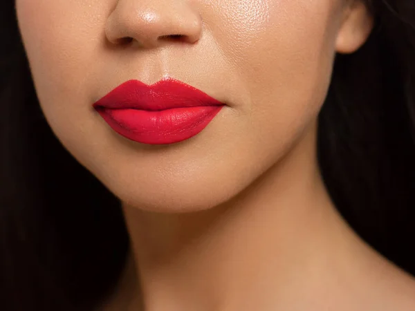 Großaufnahme Pralle Lippen Lippenpflege Füllstoffe Makrofoto Mit Gesichtsausschnitt Natürliche Form — Stockfoto