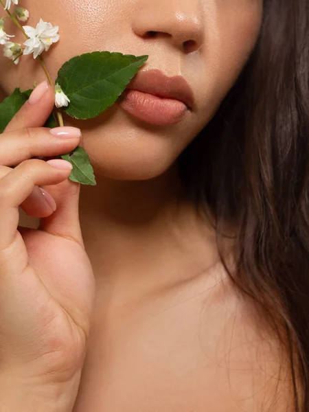 Macro Foto Labios Femeninos Con Hermosa Piel Maquillaje Desnudo Brillo — Foto de Stock