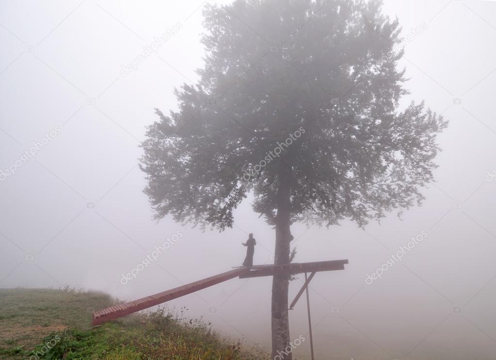 Silhouette of woman in misty fog