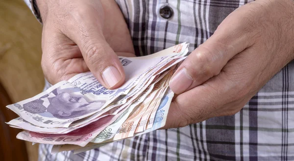 Turkish lira man counting — Stock Photo, Image