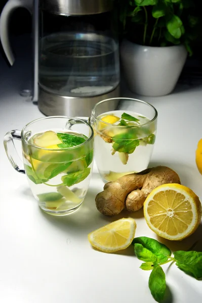 Zwei Teetassen mit frischer Pfefferminze, Ingwer und Zitrone — Stockfoto