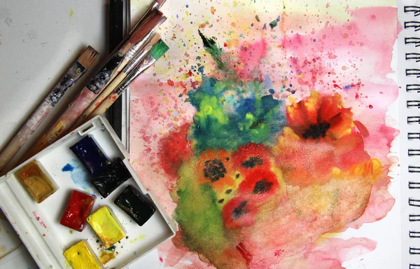 Mix of watercolors and paintbrushes — Stock Photo, Image