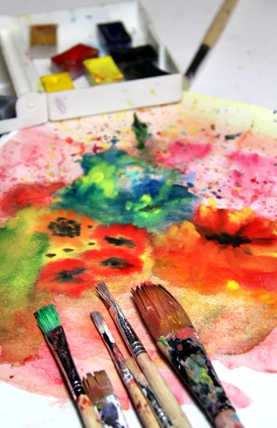 Mix of watercolors and paintbrushes — Stock Photo, Image