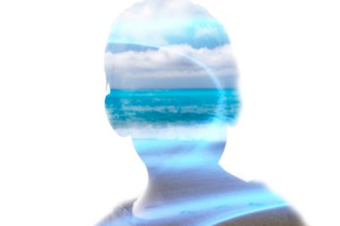 Çifte pozlama portresi, okyanus fotoğrafıyla insan ve doğanın birliğini gösteren kavramsal görüntüler. Ekoloji, özgürlük, çevre