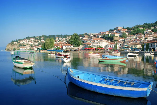 Ohrid Lake Fishing Boats View Old Town Ohrid Background — Stock Photo, Image