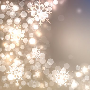 Beyaz ve altın parlayan kar taneleri ile soyut Noel kartı