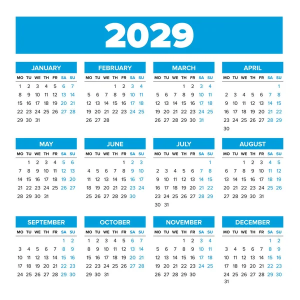 2029 Simple vector calendar. Weeks start on Monday — Stock Vector