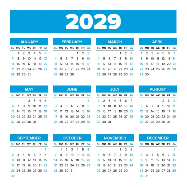 2029 Simple vector calendar. Weeks start on Sunday — Stock Vector